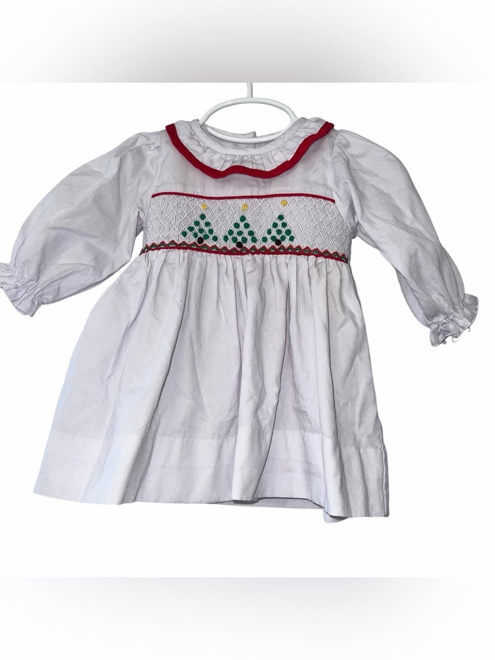 The Smocking Bug baby girls white thin wale Christmas tree smocked dress sz 6m